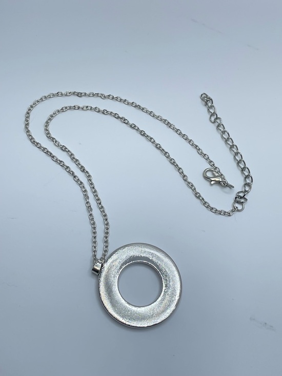 Silver Tone AB Crystal Circle Pendant Necklace Iridescent Baguette Halo - Picture 4 of 8